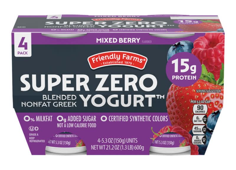 Friendly Farms Super Zero Nonfat Greek Blended Yogurt, Mixed Berry (4 x 5.3 oz)