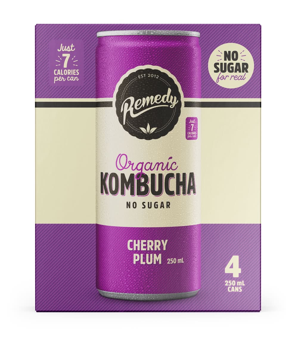 Remedy No Sugar Organic Kombucha, Cherry Plum (4 x 250mL)