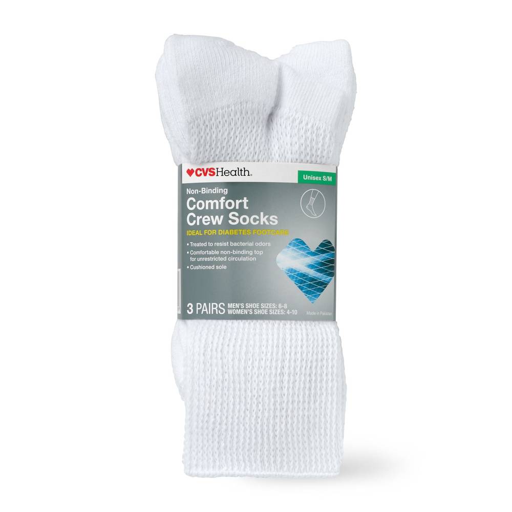 CVS Health Non-Binding Comfort Crew Socks for Diabetics Unisex, 3 Pairs, S/M, White