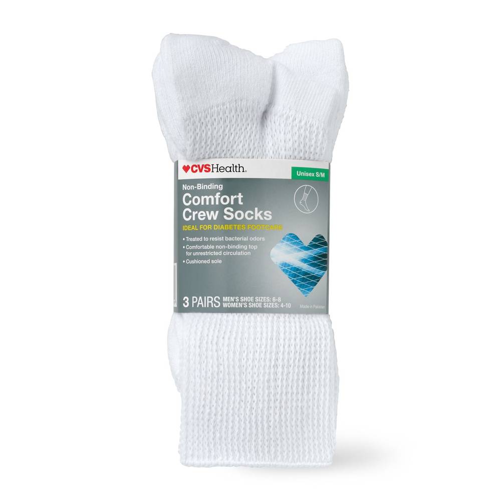 Cvs Health Non-Binding Comfort Crew Socks For Diabetics Unisex, 3 Pairs, S/M, White