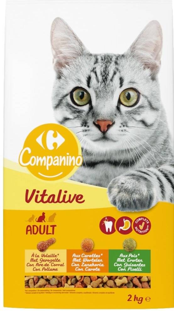 Carrefour Companino - Vitalive croquettes pour chat, volaille-carottes-pois, Adulte (2kg)