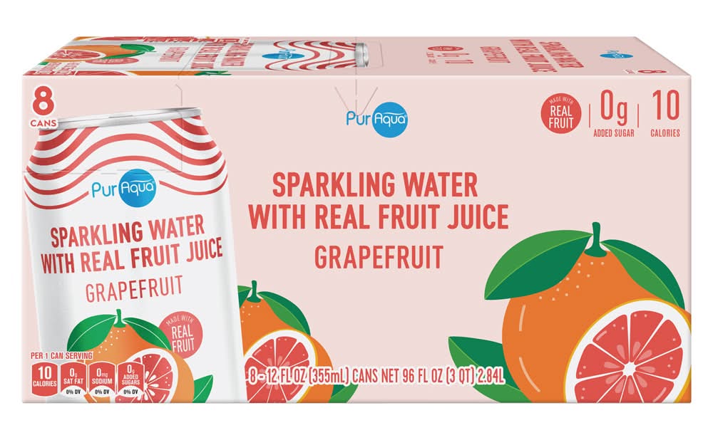 PurAqua Sparkling Water With Real Fruit Juice, Grapefruit (8 x 12 fl oz)