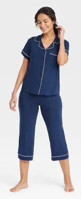 Auden Cloud Knit Short Sleeve Notch Collar Top & Cropped Pants Pajama Set, Women, M, Navy Blue