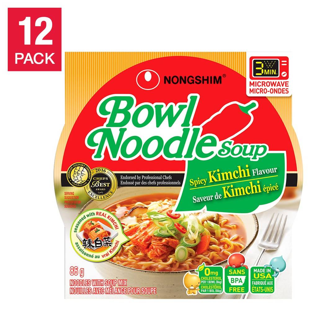 Nongshim Bowl Noodle Soup Spicy Kimchi, 12 X 86 G