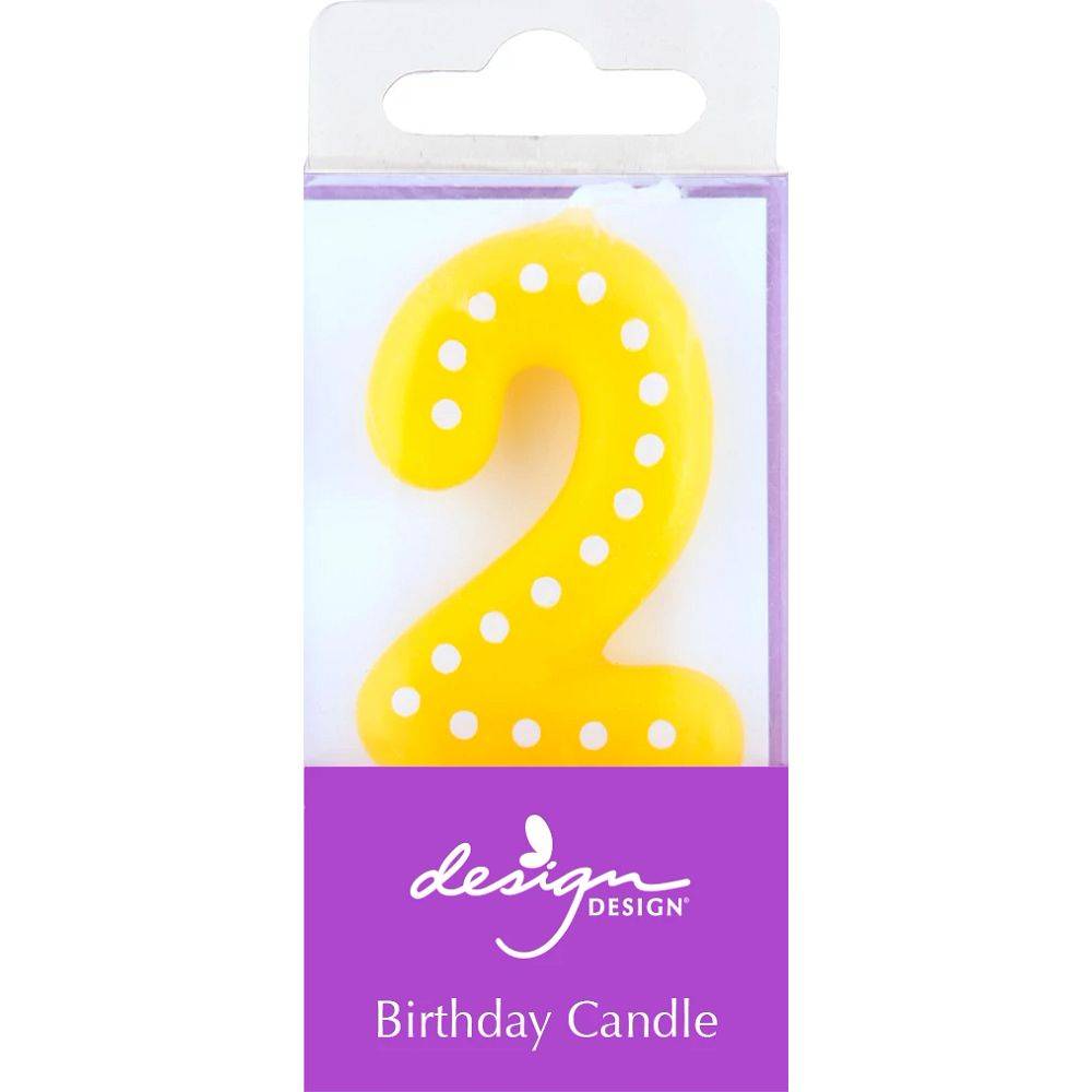 Design Design Numeric-2 Birthday Candle, Yellow With White Dots