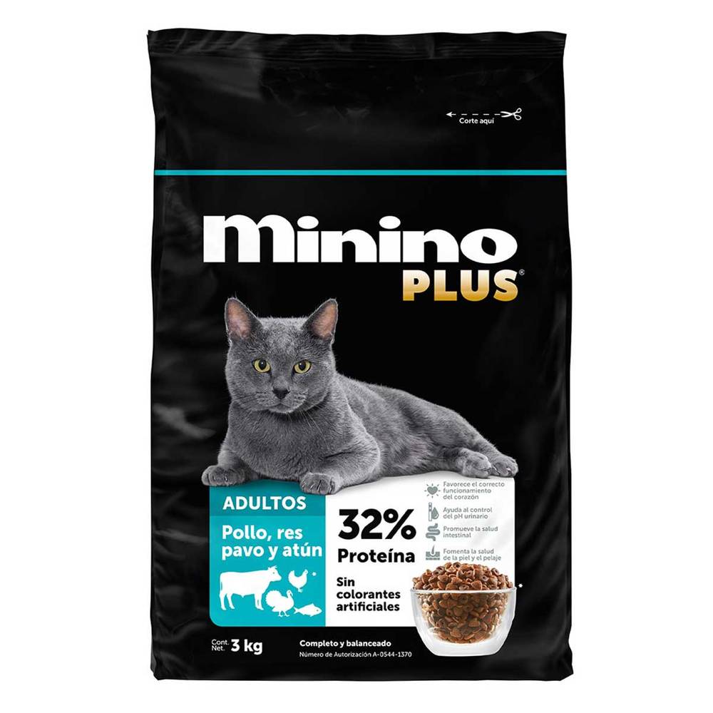 Minino Plus · Alimento seco de res, pollo y pavo para gatos (3 kg)