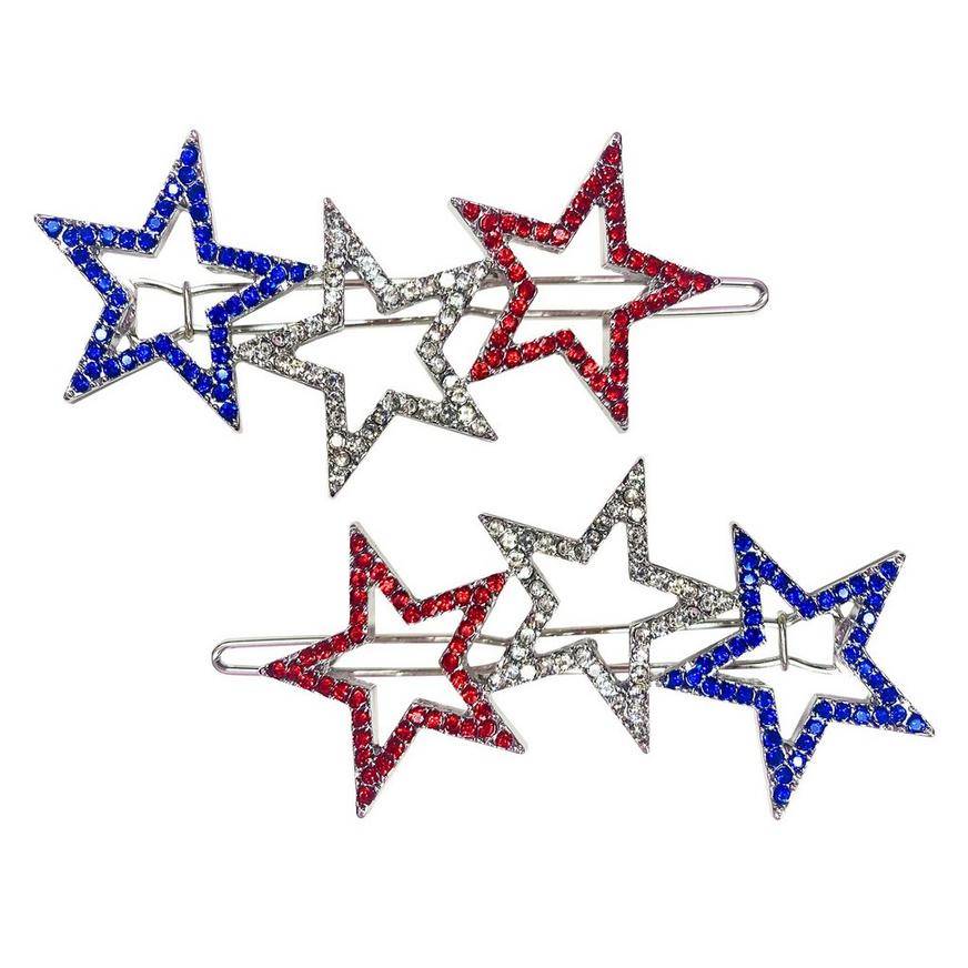 Party City Rhinestone Patriotic Stars Hair Clips, Red-White-Blue (2 ct)