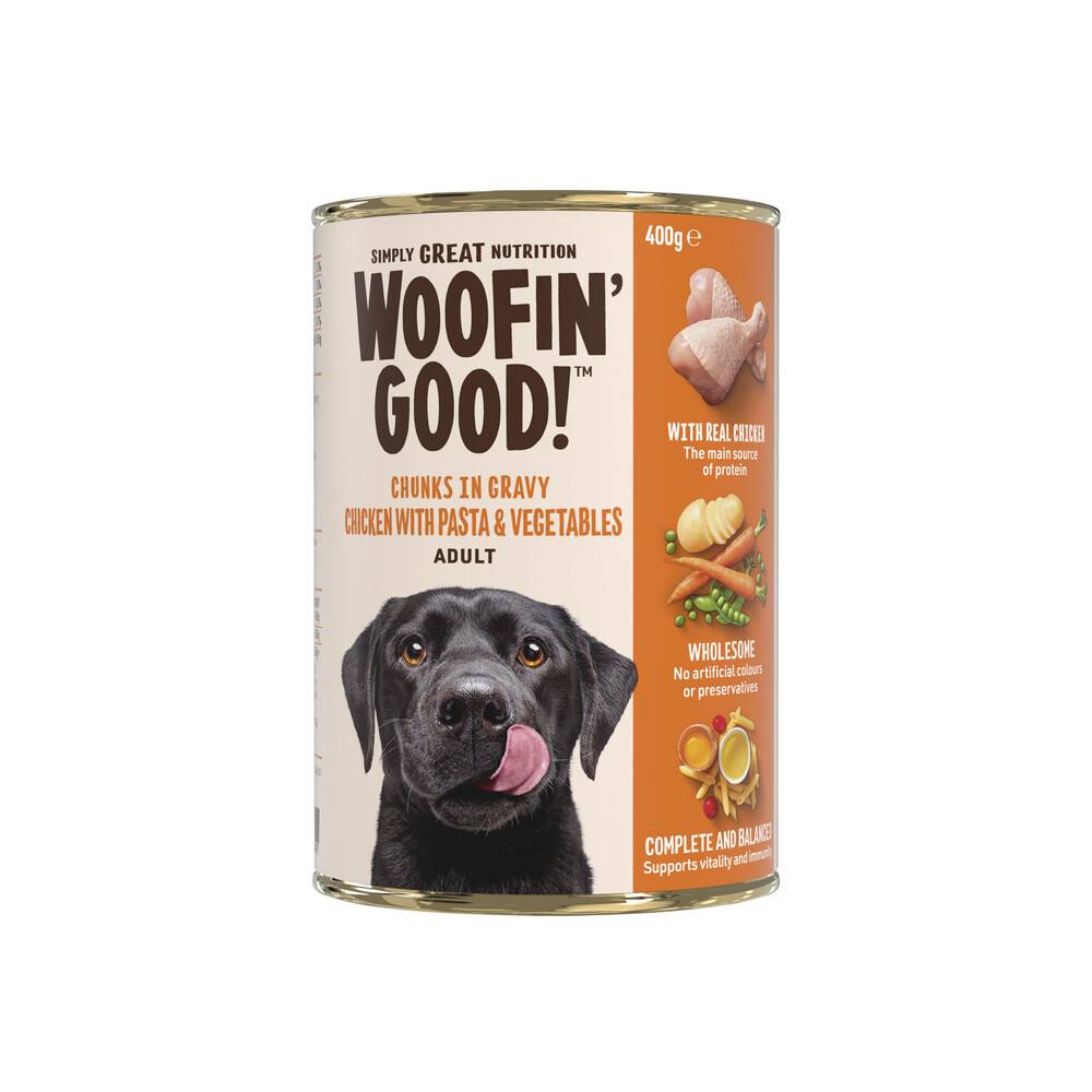 Woofin Good Chunks in Gravy Chicken Pasta & Veg Dog Food 400g
