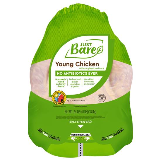 Just Bare Natural Fresh Young Chicken Without Giblets & Neck (4 lbs)