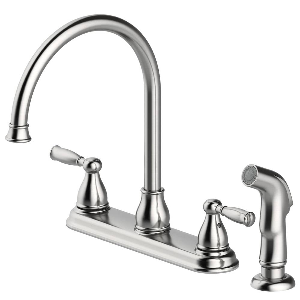 Project Source Brice Stainless Steel Double Handle Kitchen Faucet (Deck Plate and Side Spray Included) | 67129W-100802