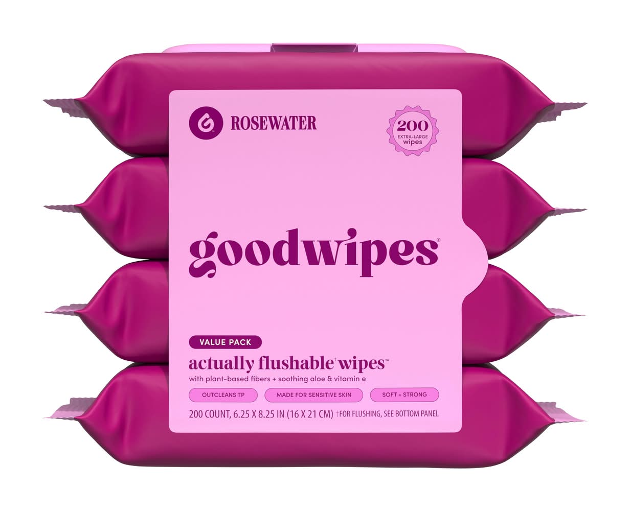 Goodwipes Actually Flushable Wipes, Rosewater, 6.25x8.25 in (4 x 50 ct)