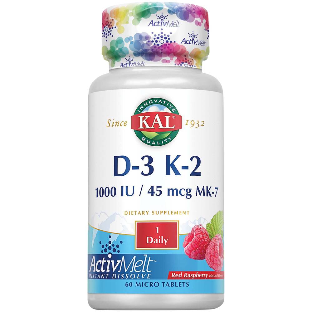 Vitamin D3 & K2 - Instant Dissolve - Natural Red Raspberry - 1,000 Iu / 45 Mcg Mk-7 (60 Micro Tablets)