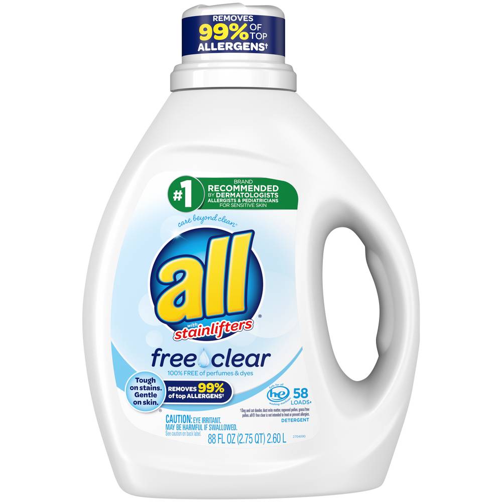 all Liquid Laundry Detergent, Free Clear for Sensitive Skin, 58 loads, 88 oz