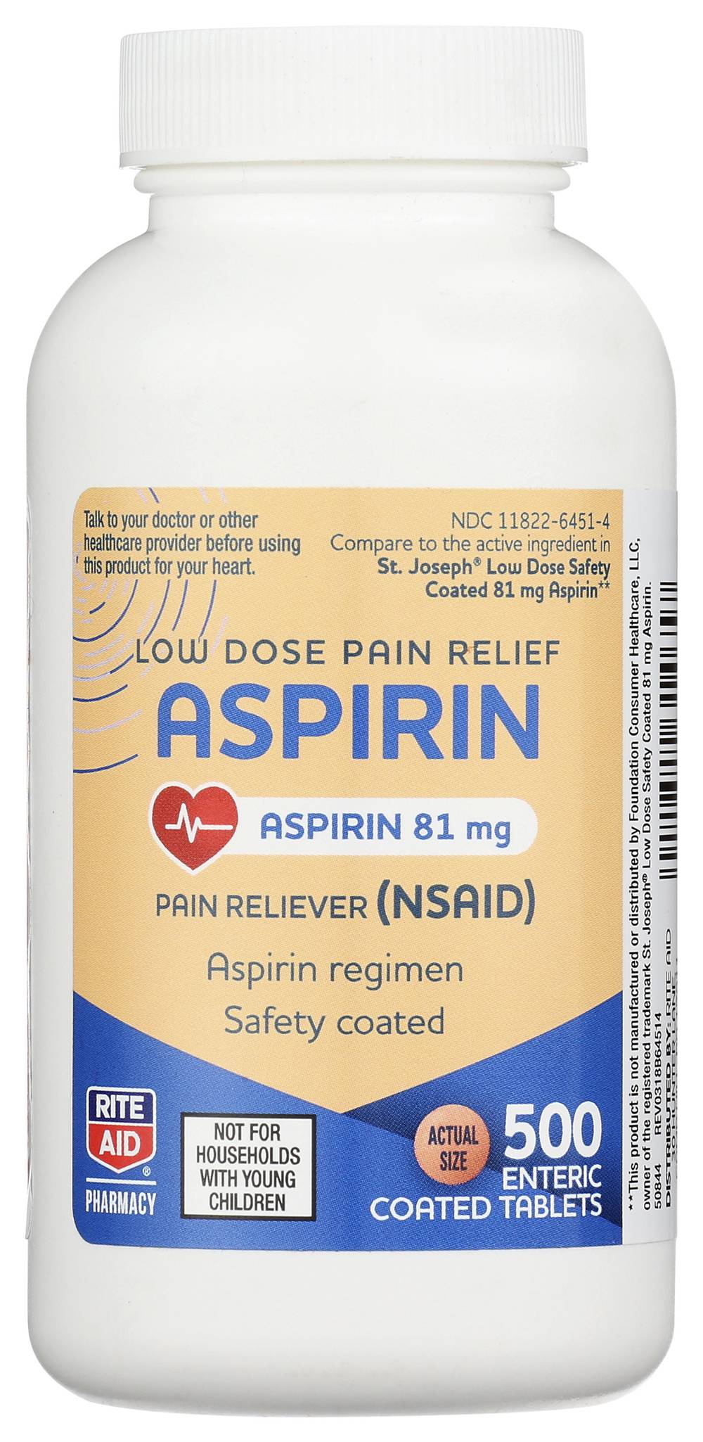 Rite Aid Low Dose Pain Relief Aspirin Enteric 81mg Tablets (500 ct)