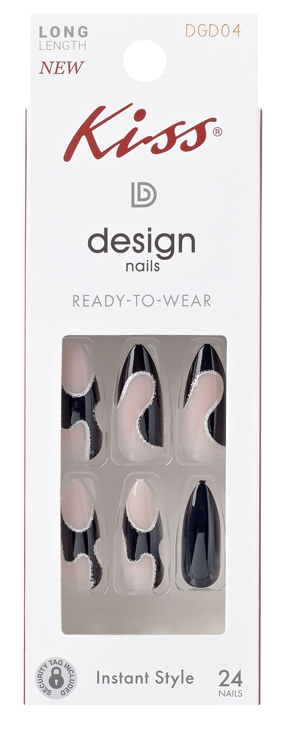 Kiss® Design Nails Long Length 24-Pack Black Glitter Squiggle