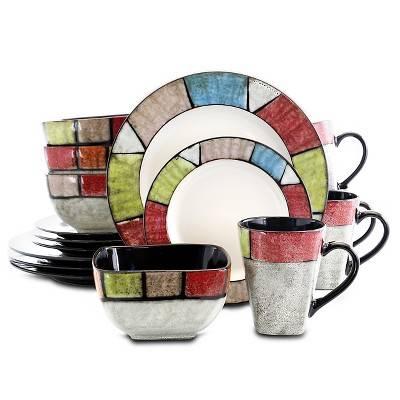 Elama Stained Glass 16 Piece Stoneware Dinnerware Set