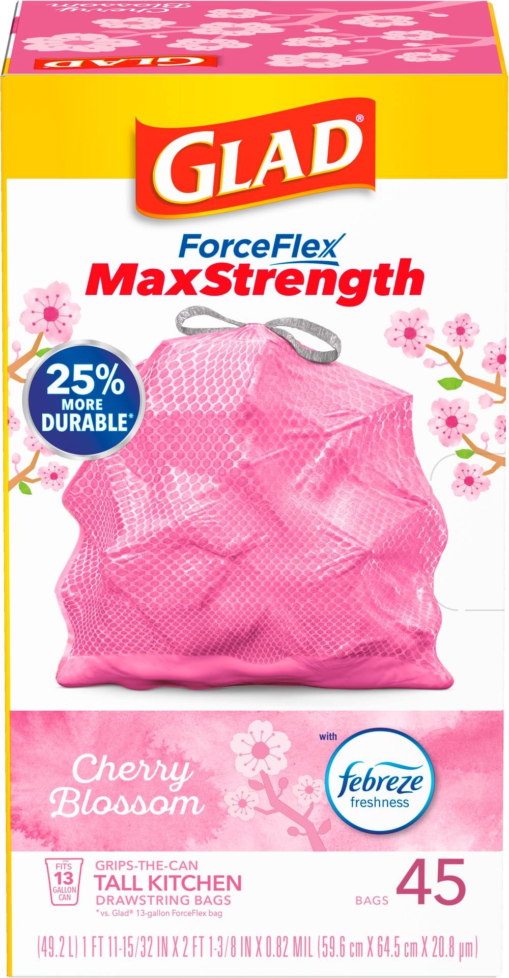 Glad Force Flex Max Strength Cherry Blossom With Febreze Freshness 13 Gallon Trash Bags, 59.6*64.5 cm*20.8pm, Pink (45 ct)