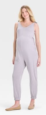 Knit Maternity Jumpsuit - Isabel Maternity by Ingrid & Isabel™ Gray M: Heavyweight Rayon Spandex, V Neck, Sleeveless
