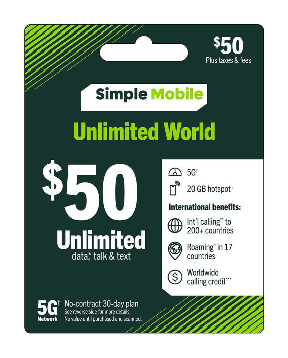 Simple Mobile Unlimited World 30-day Prepaid Card