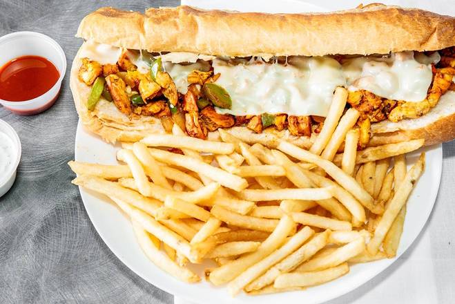 Grill chicken sub with fries and soda