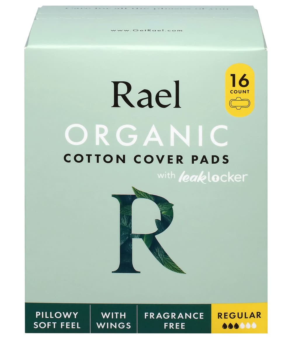 Rael Fragrance Free Regular Organic Cotton Cover Sanitary Pads, Women (16 ct)