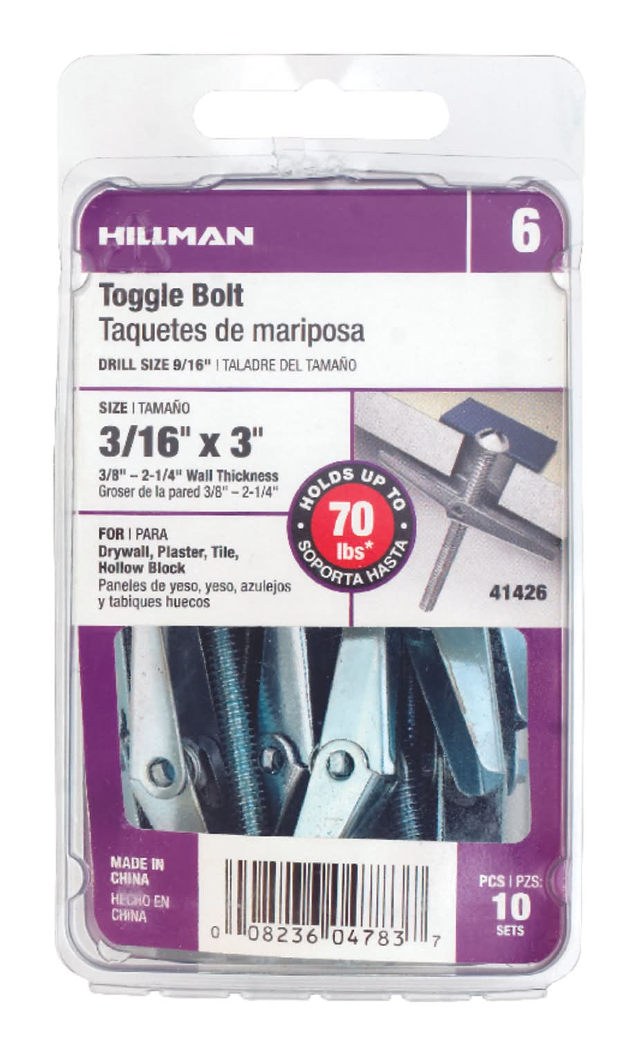 Hillman 3/16 In. D X 3 In. L Round Zinc-Plated Steel Toggle Bolt 10 Pk
