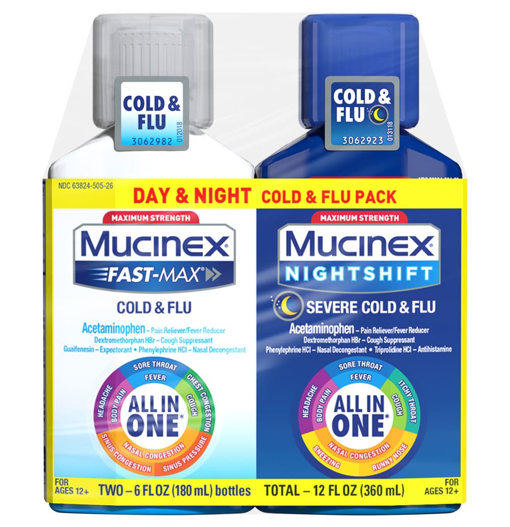 Mucinex Maximum Strength Day & Night Cold & Flu Medicine pack 12+ Years (2 x 6 fl oz)