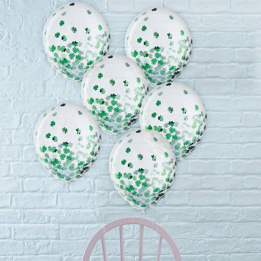 Uninflated 6ct, 12in, St. Patrick's Day Shamrock Confetti Latex Balloons