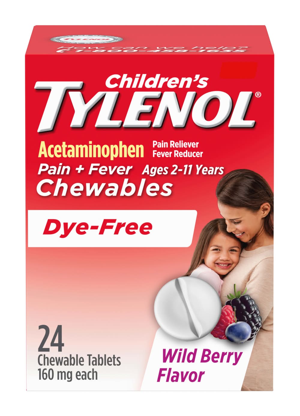 Tylenol Pain + Fever Reliever Chewable Tablets 2-11 Years, Wild Berry (24 ct)