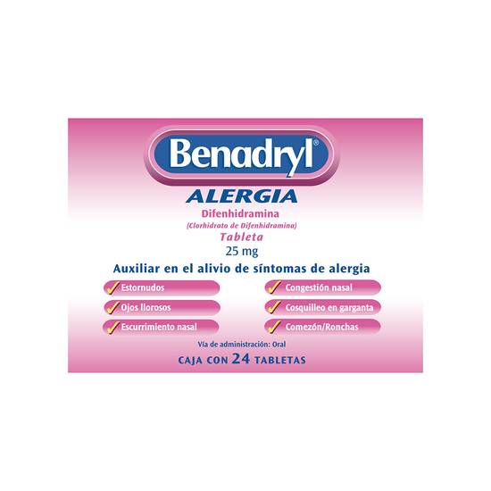 Benadryl difenhidramina tabletas 25 mg (24 piezas)