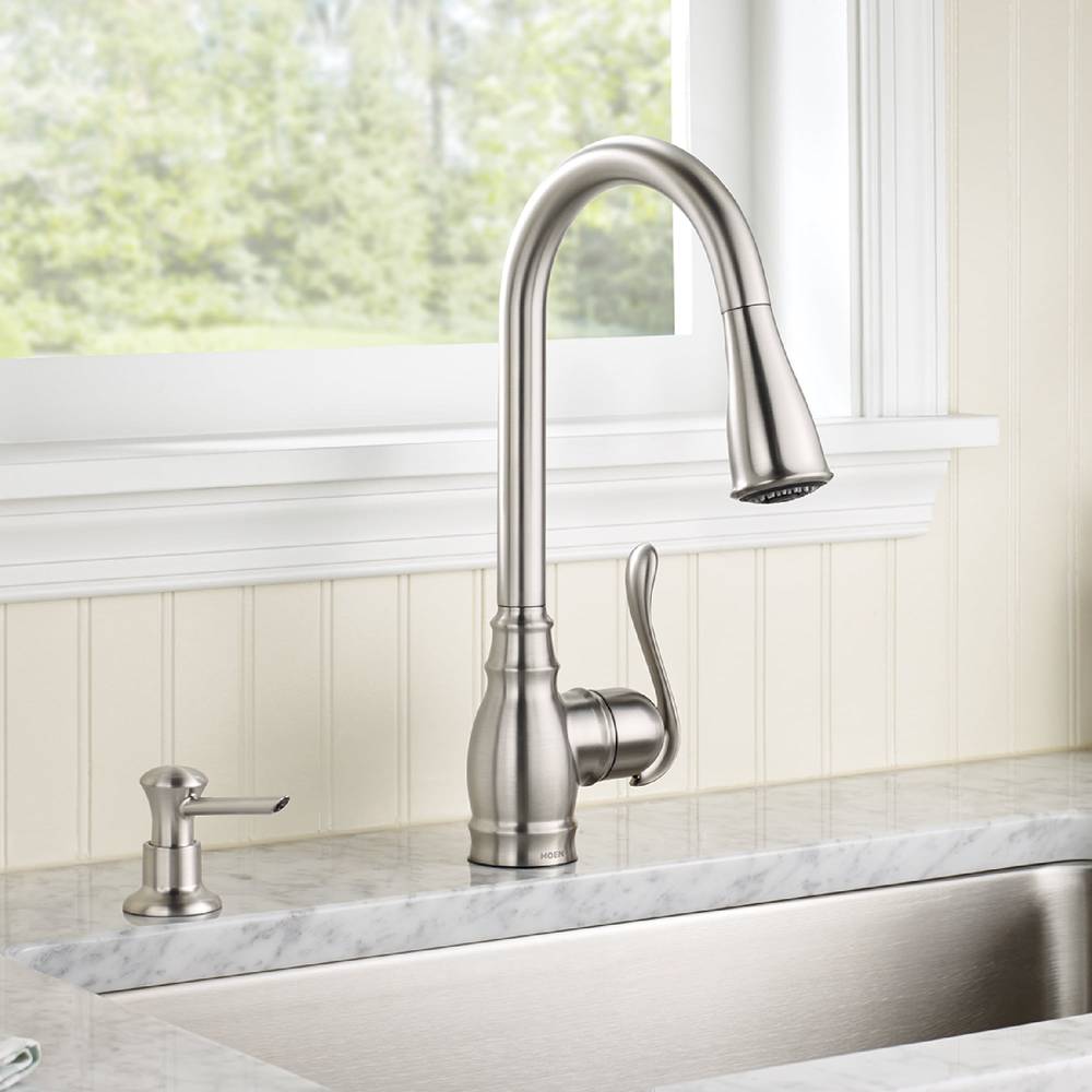 Moen Anabelle Spot Resist Stainless Single Handle Pull-down Kitchen Faucet with Sprayer (Deck Plate and Soap Dispenser Included) | CA87003SRS