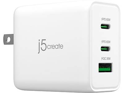 j5create 65W GaN USB-C 3-Port Charger for Laptops, Tablets and Mobile Devices, White (JUP3365)
