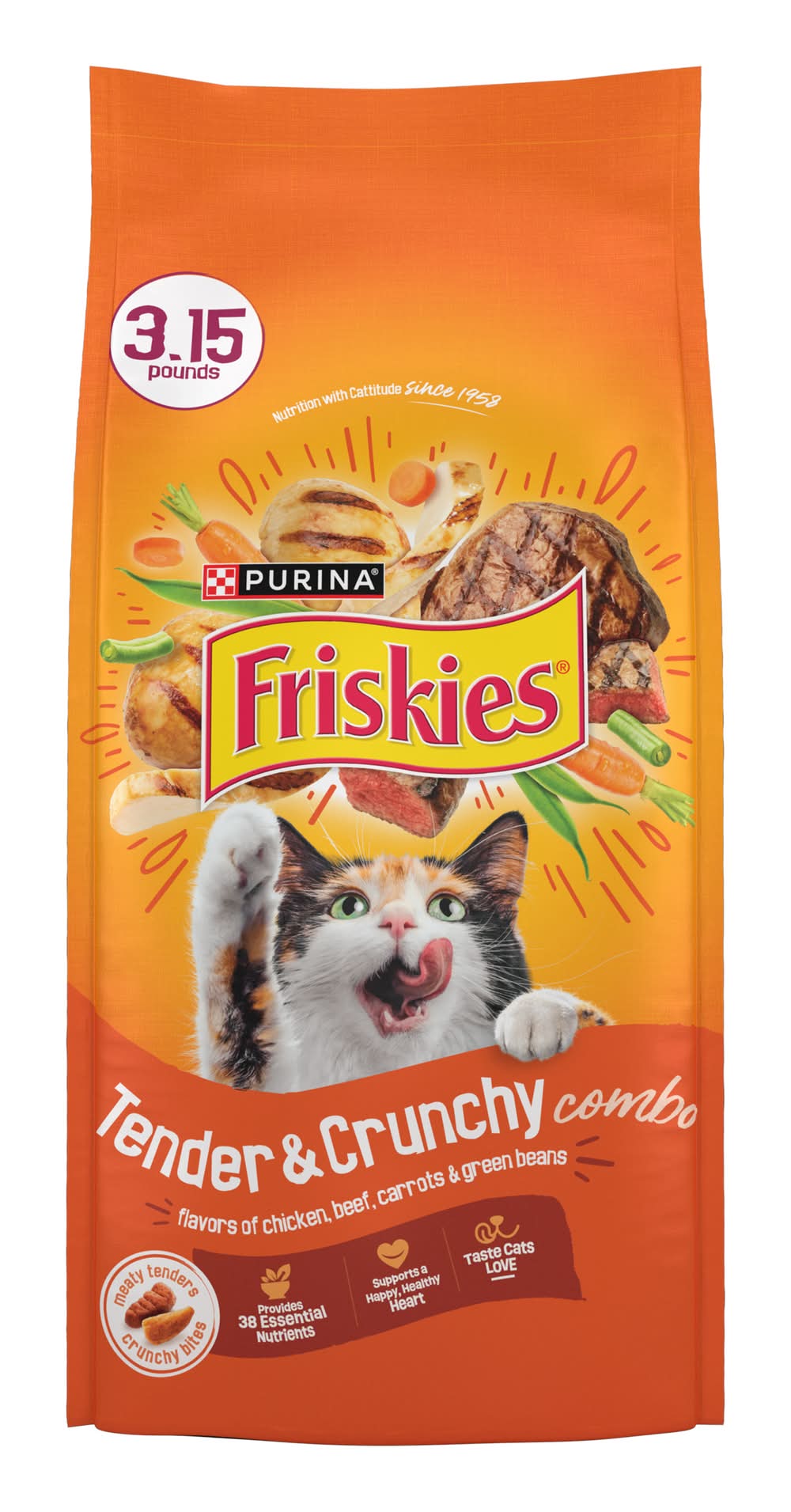 Purina Friskies Tender & Crunch'd Cat Food, Chicken Beef Carrots & Green Beans, Adult (3.15 lbs)