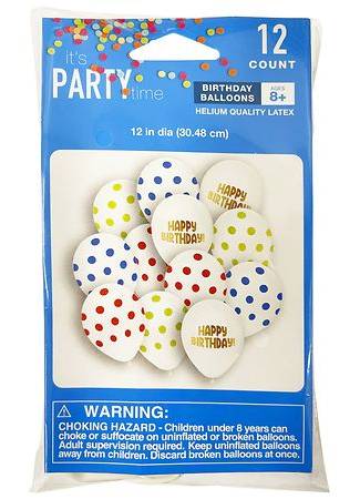 Festive Voice Latex Happy Birthday Dot Balloons 8+, 12 in, Assorted (12 ct)