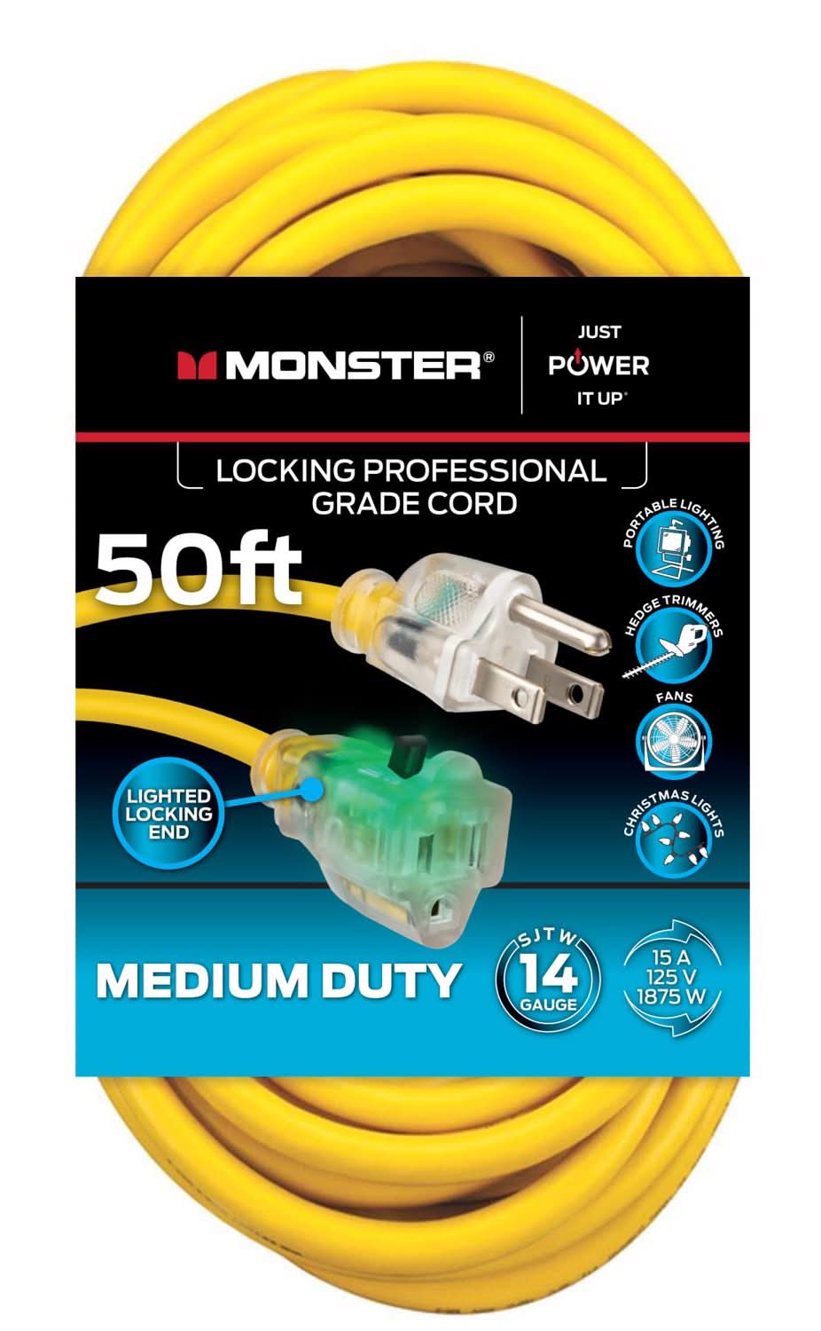 Monster Just Power It Up Outdoor 50 Ft. L Yellow Extension Cord 14/3 Sjtw