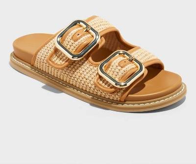 Women's Collin Double Buckle Footbed Sandals - Universal Thread™ Tan 8: Slip-On, Contoured Footbed, Open Toe