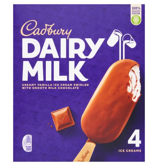 Cadbury Vanilla-Milk Chocolate, Dairy Milk Ice Creams (4 pack)