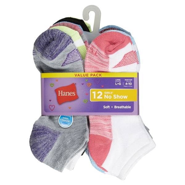 HANES GIRLS COOL COMFORT NO SHOW 12PR HGBN12 L