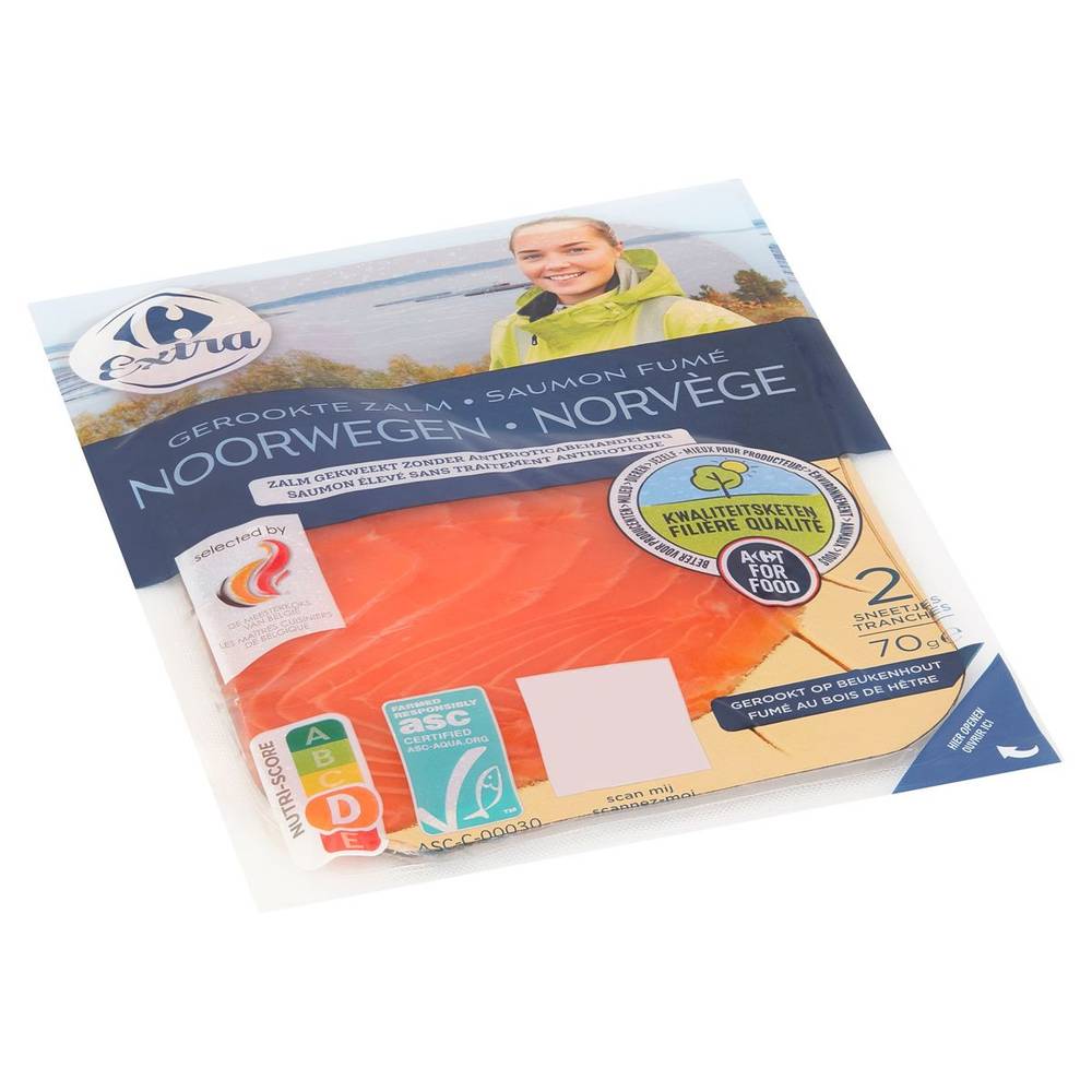 Carrefour Extra Gerookte Zalm Noorwegen 2 Sneetjes KKC 70 g