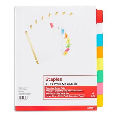Staples Write-On Dividers, 8-Tab, Assorted Color s, 4/Pack (13511/23179)
