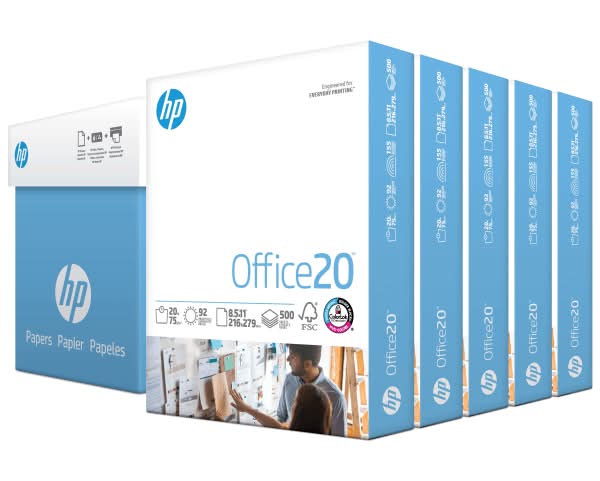 HP Office20 Printer & Copy Paper, 5 Reams, White, Letter (8.5" x 11"), 2500 Sheets Per Case, 20 Lb, 92 Brightness