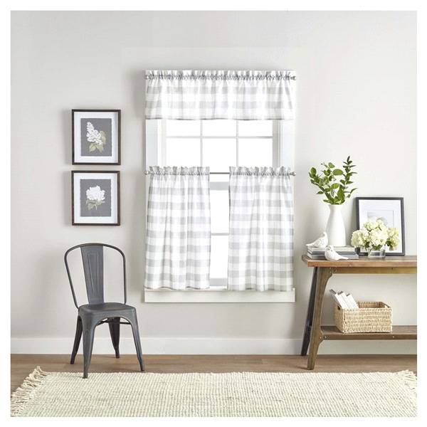 Curtainworks Buffalo Check, 3 Piece Valance and Tier Set Grey