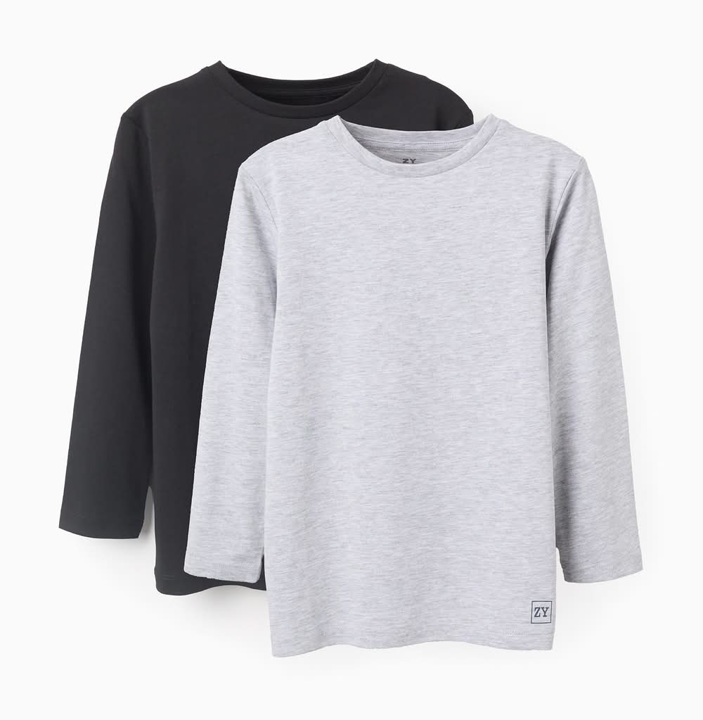 Pack 2 T-Shirts De Manga Comprida Em Algodão Para Criança (Preto - 7/8 Y)
