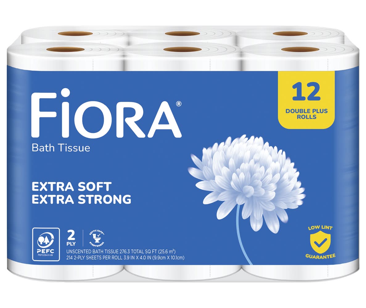 Fiora 2-Ply Extra Soft Strong Unscented Double Plus Rolls Bath Tissue, 3.9x4.0 in (12 ct)