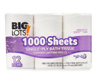 Big Lots Single-Ply Bath Tissue, 4.0 IN x 3.7 IN (12 ct)