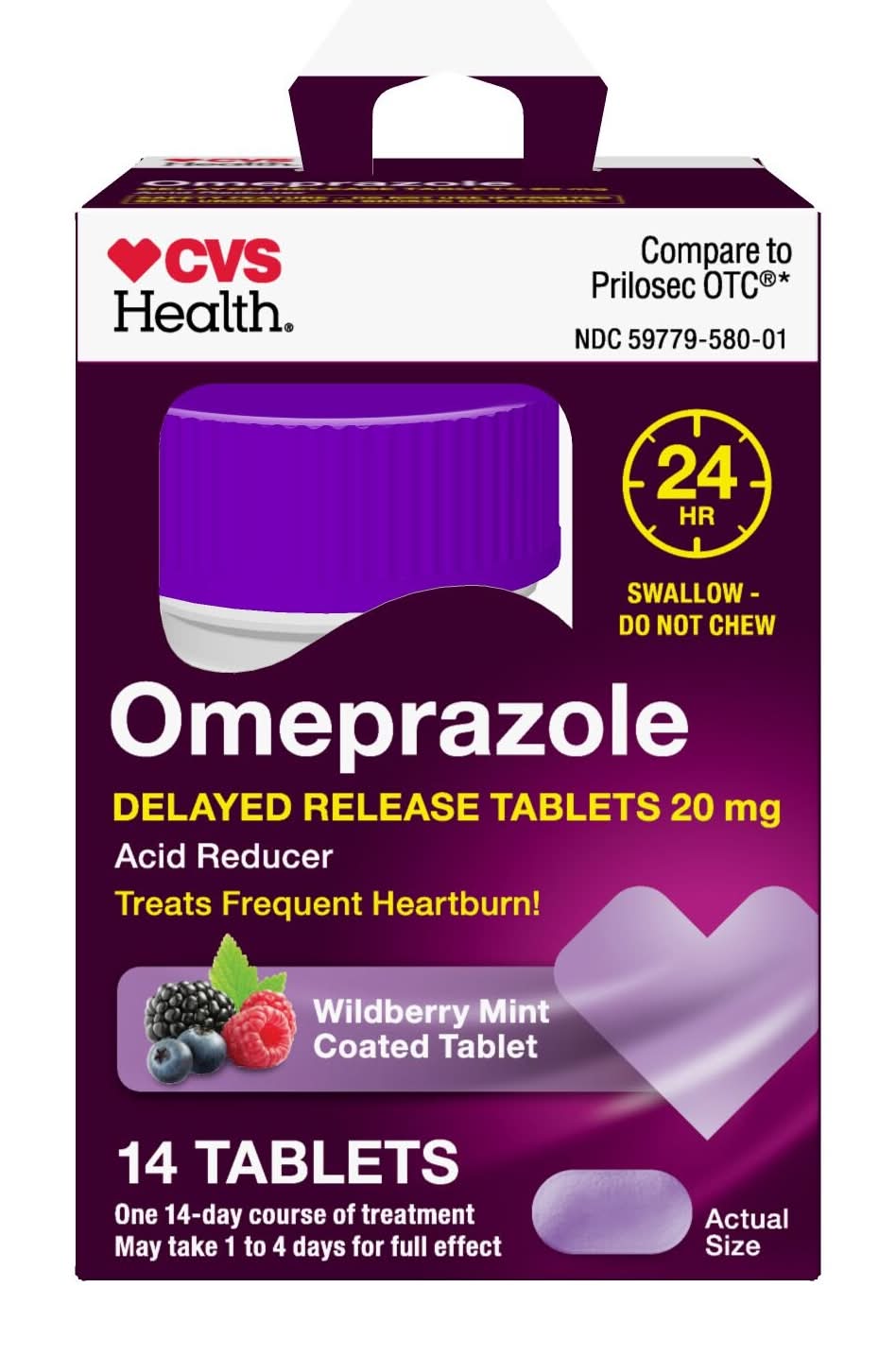 CVS Health Omeprazole 20 mg Wildberry Mint Coated Tablets (0.93 oz)