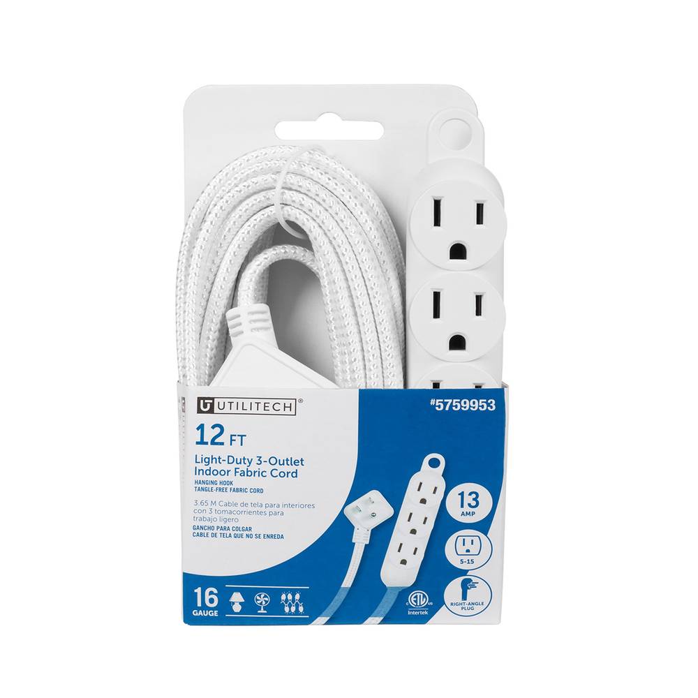 Utilitech 12-ft 16/3 1 Prong White Indoor SPT2-B Light Duty General Extension Cord | 30000173