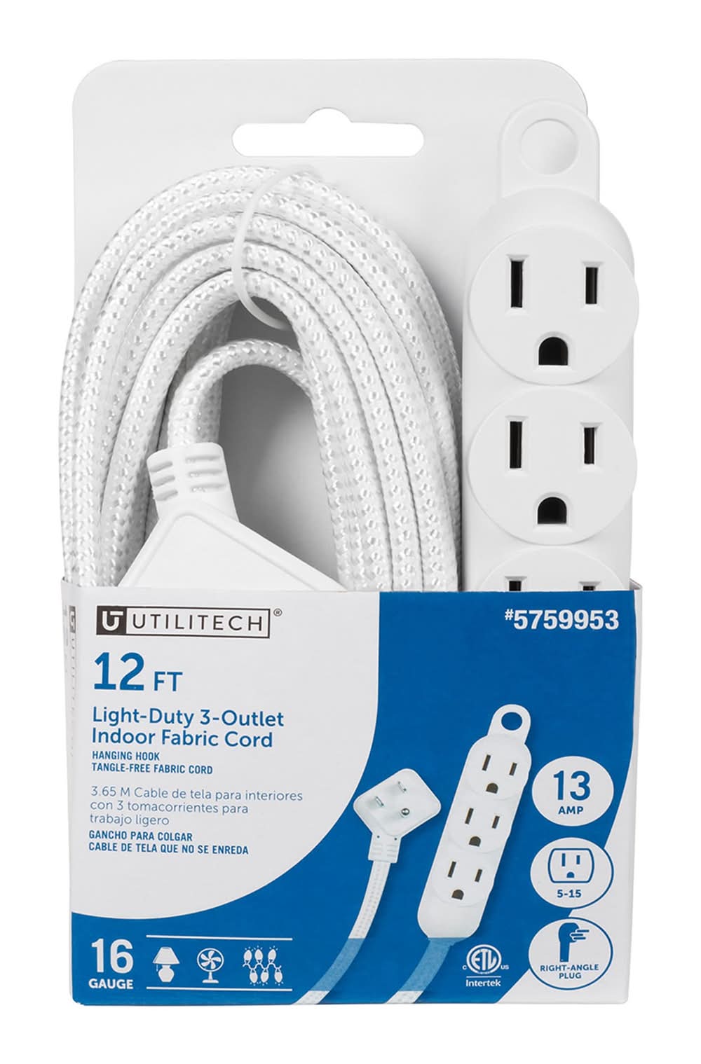 Utilitech 12-ft 16 / 3 1 Prong White Indoor SPT2-B Light Duty General Extension Cord