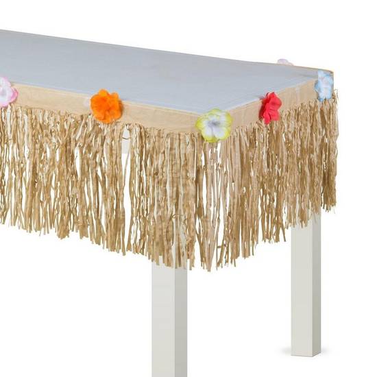 Tan Faux Grass Tissue Paper Fringe Table Skirt with Multicolor Fabric Flowers, 9ft x 15in