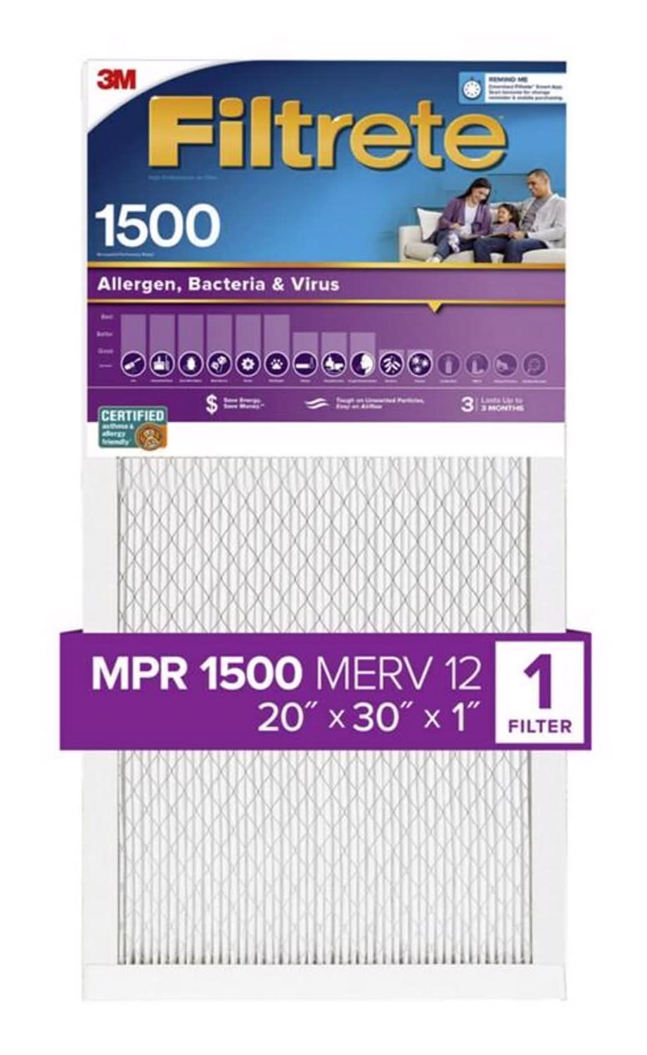 Filtrete 20 In. W X 30 In. H X 1 In. 1500 Mpr Pleated Allergen Air Filter 1 Pk